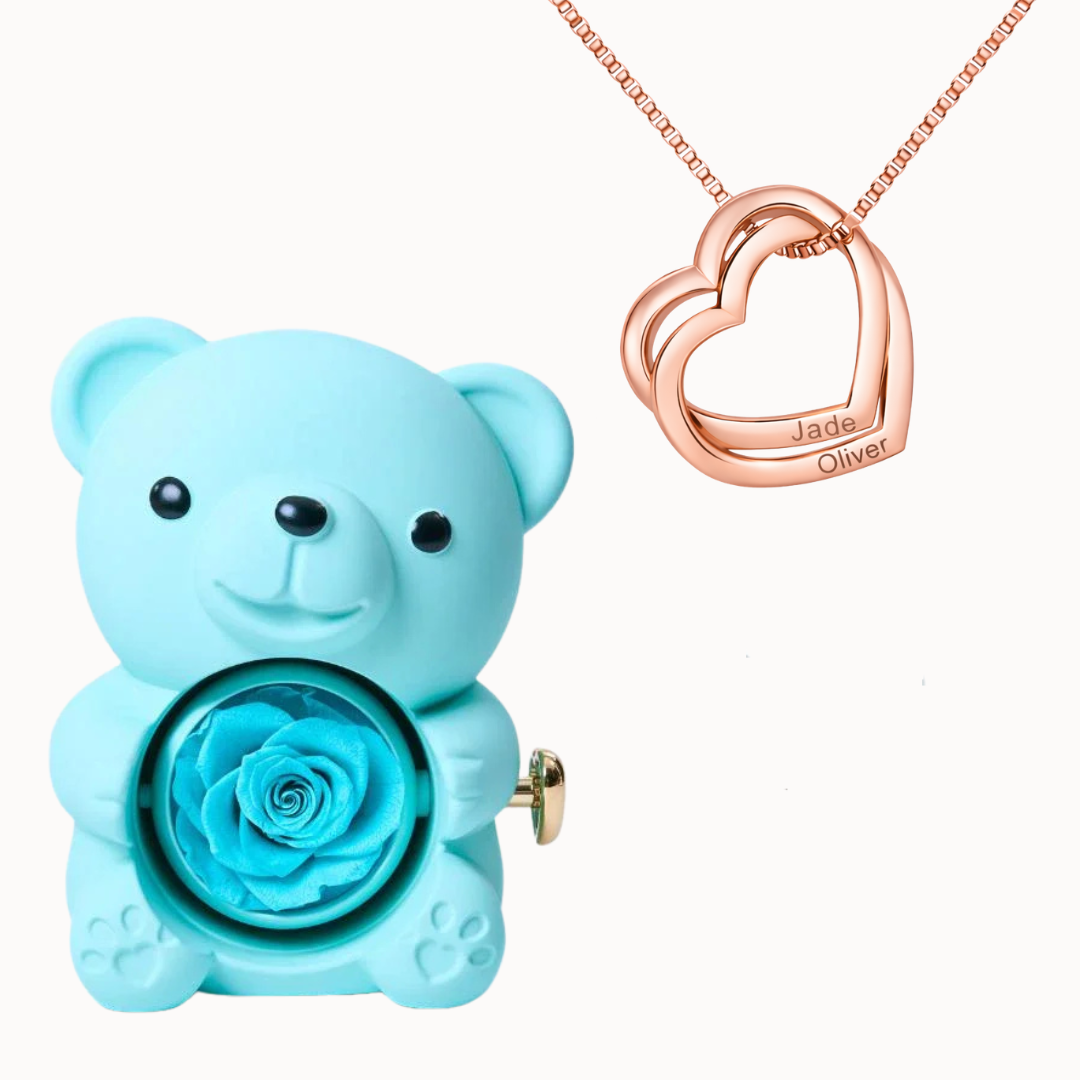 Caixa Urso Eterno com Colar Corações Entrelaçados Personalizado