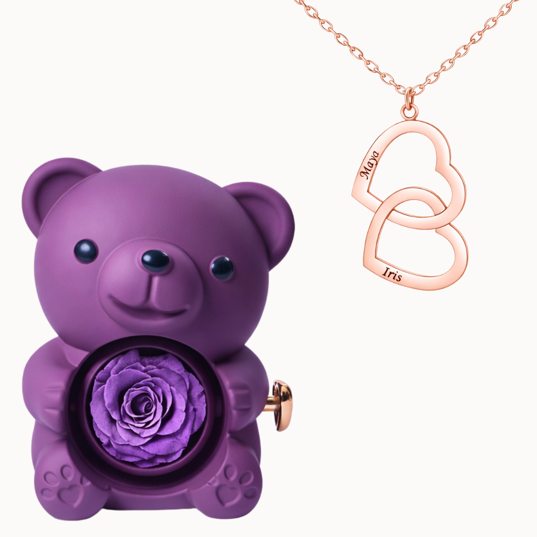 Caixa Urso Eterno com Colar Duplo Coração Personalizado