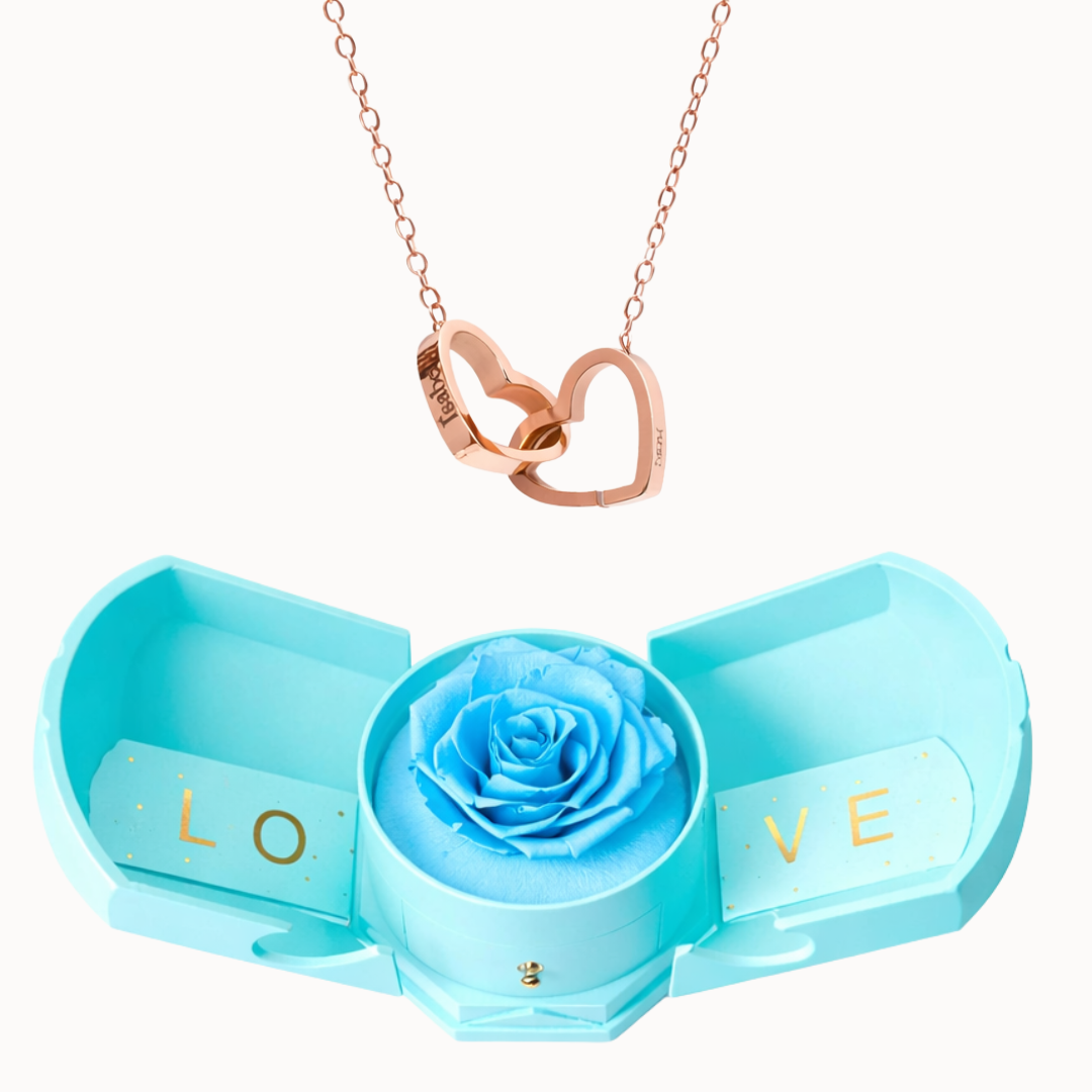 Caixa Rosa Eterna Florescer com Colar Dois Corações Personalizado