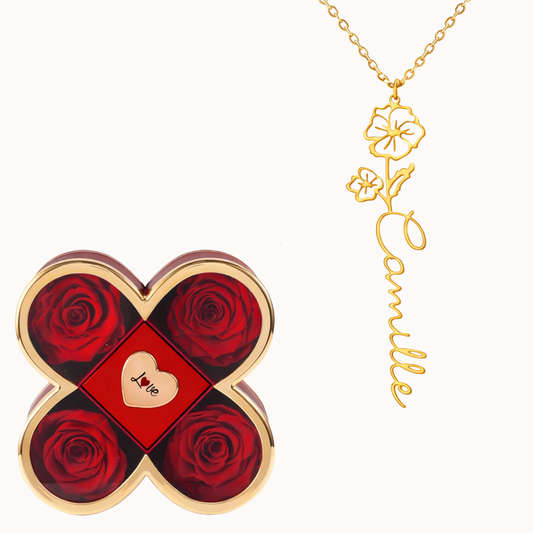 Caixa Trevo Eterno com Colar Nome com Flor Personalizado