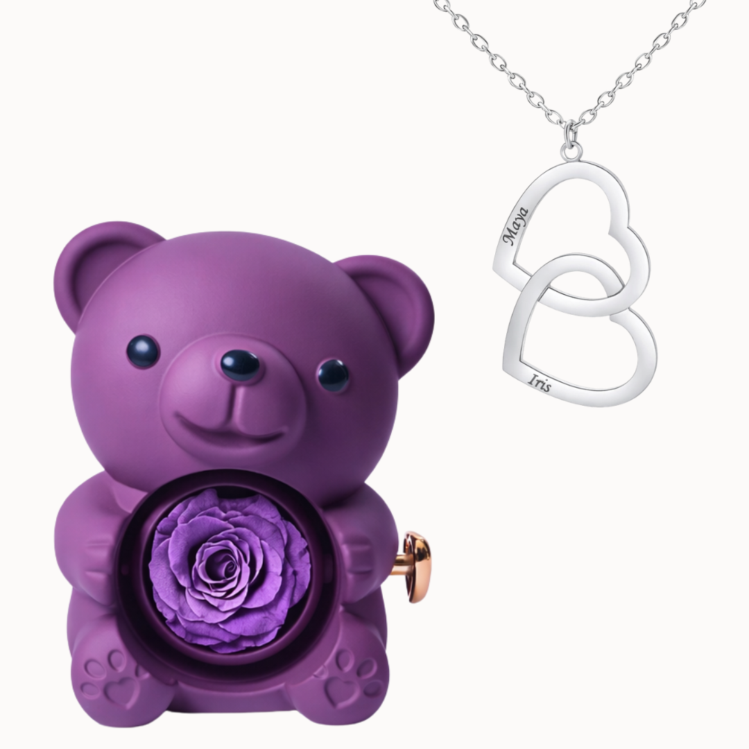 Caixa Urso Eterno com Colar Duplo Coração Personalizado