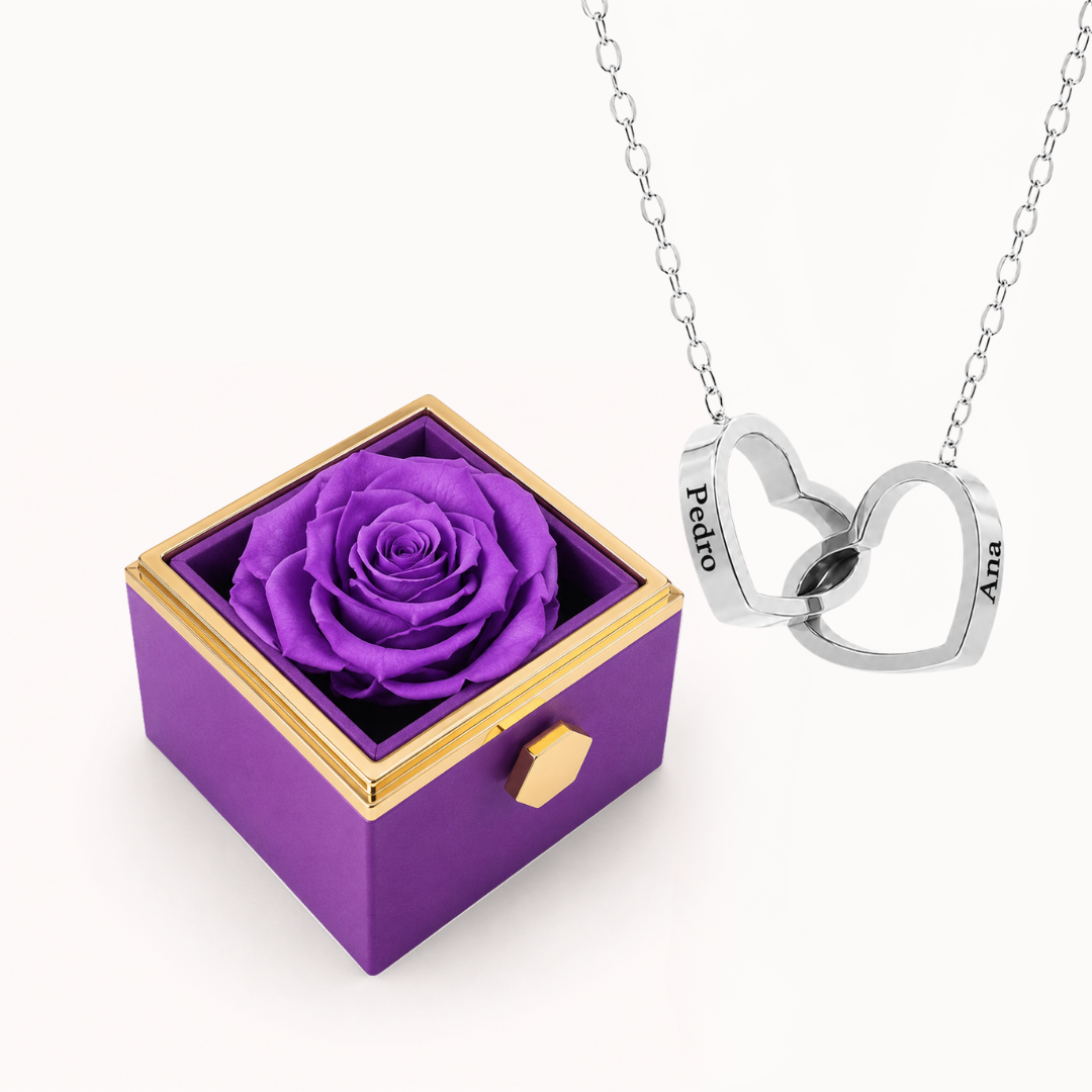 Caixa Rosa Eterna Rotativa & Colar Dois Corações Personalizado