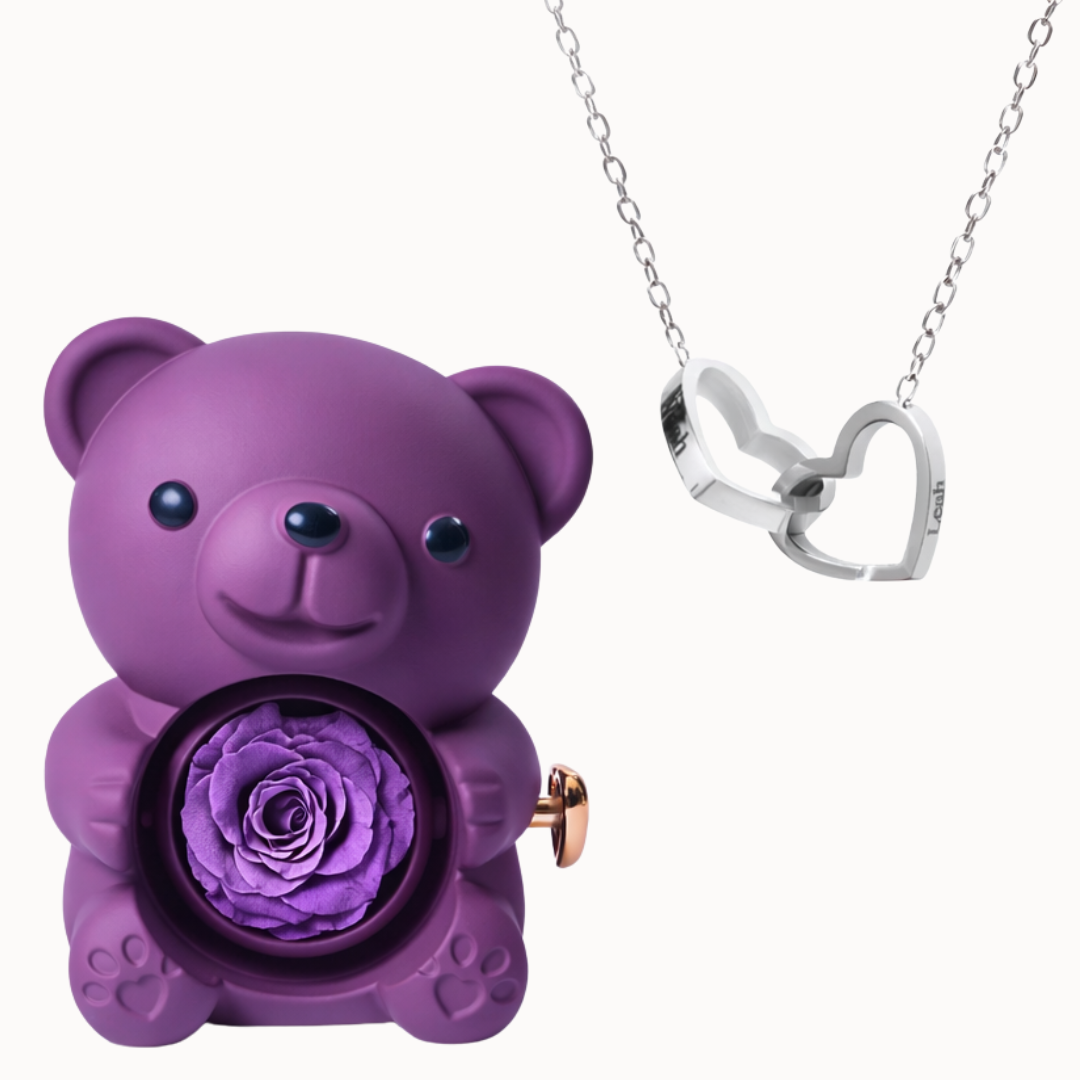 Urso Eterno com Colar Dois Corações Personalizado