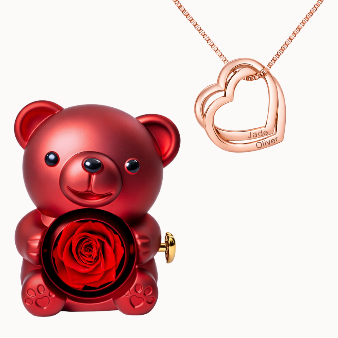 Caixa Urso Eterno com Colar Corações Entrelaçados Personalizado