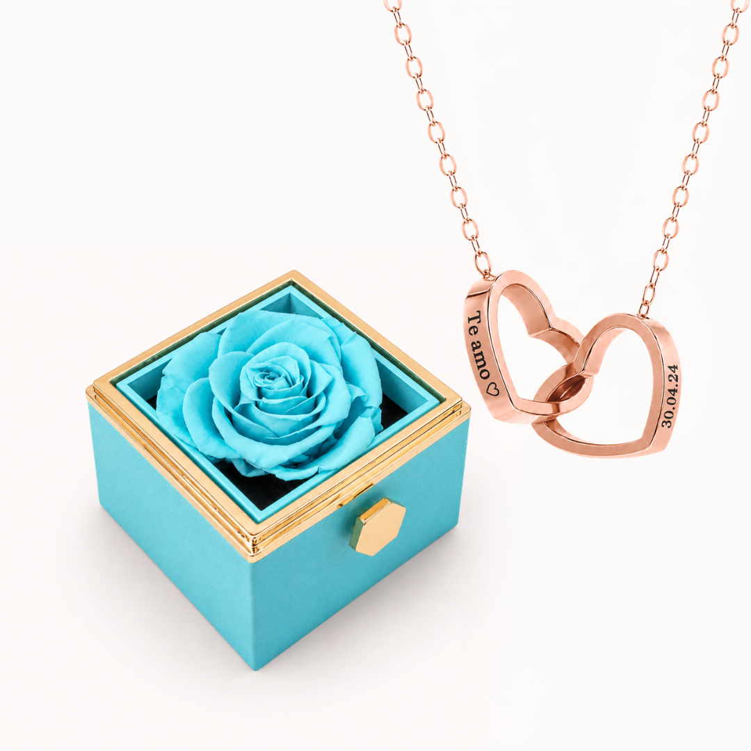 Caixa Rosa Eterna Rotativa & Colar Dois Corações Personalizado