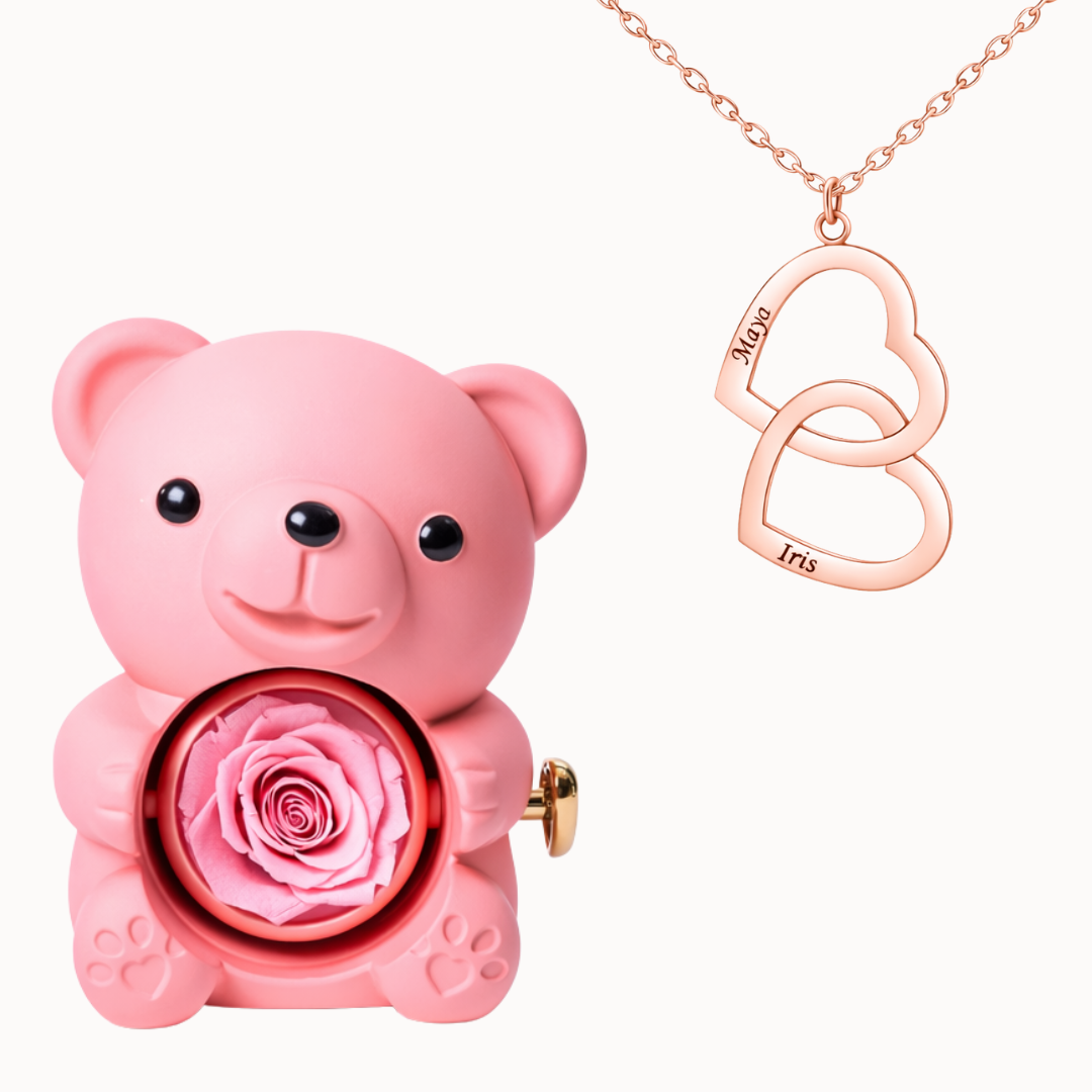 Caixa Urso Eterno com Colar Duplo Coração Personalizado