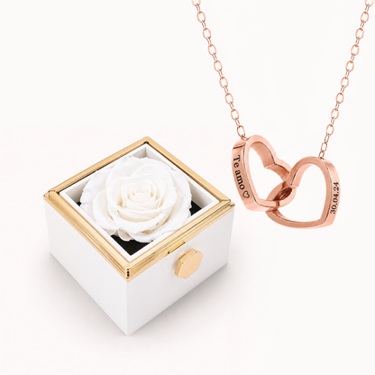 Caixa Rosa Eterna Rotativa & Colar Dois Corações Personalizado
