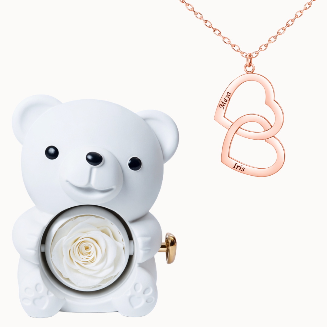Caixa Urso Eterno com Colar Duplo Coração Personalizado