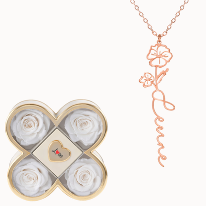 Caixa Trevo Eterno com Colar Nome com Flor Personalizado