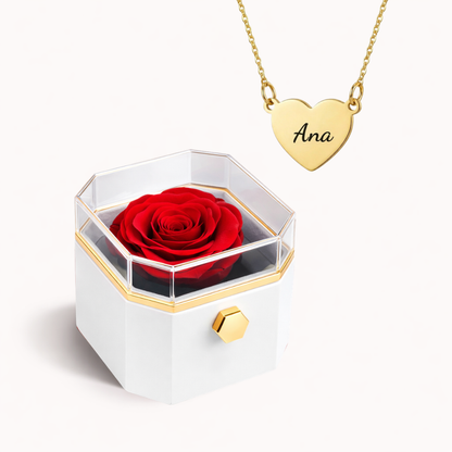 Caixa Rosa Eterna Rotativa + Colar Amor em Cada Nome
