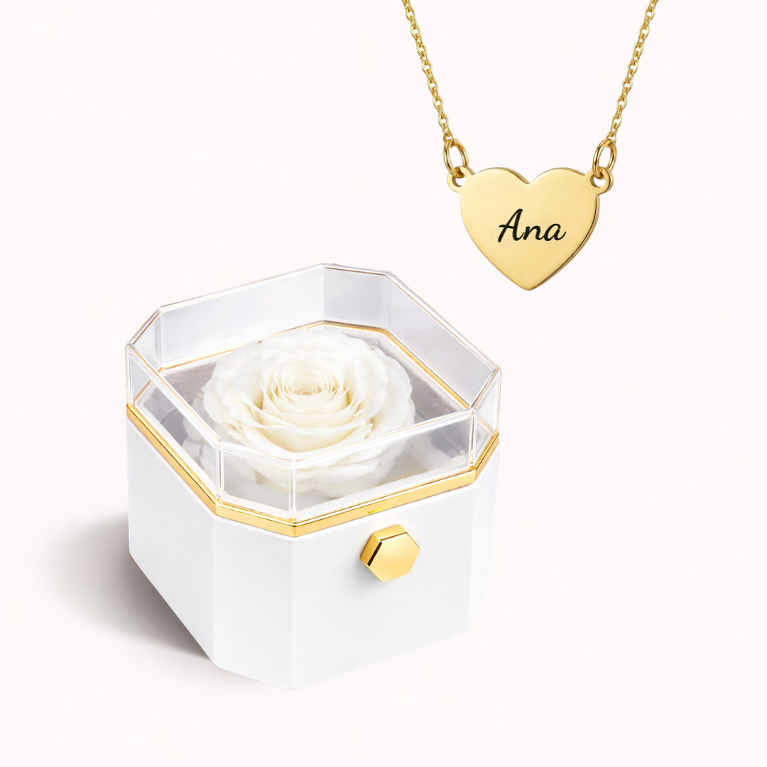 Caixa Rosa Eterna Rotativa + Colar Amor em Cada Nome