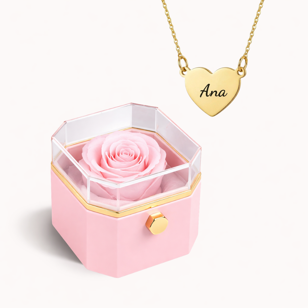Caixa Rosa Eterna Rotativa + Colar Amor em Cada Nome