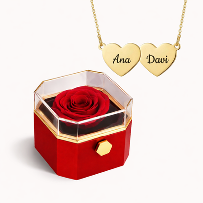 Caixa Rosa Eterna Rotativa + Colar Amor em Cada Nome