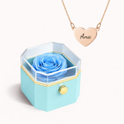 Caixa Rosa Eterna Rotativa + Colar Amor em Cada Nome