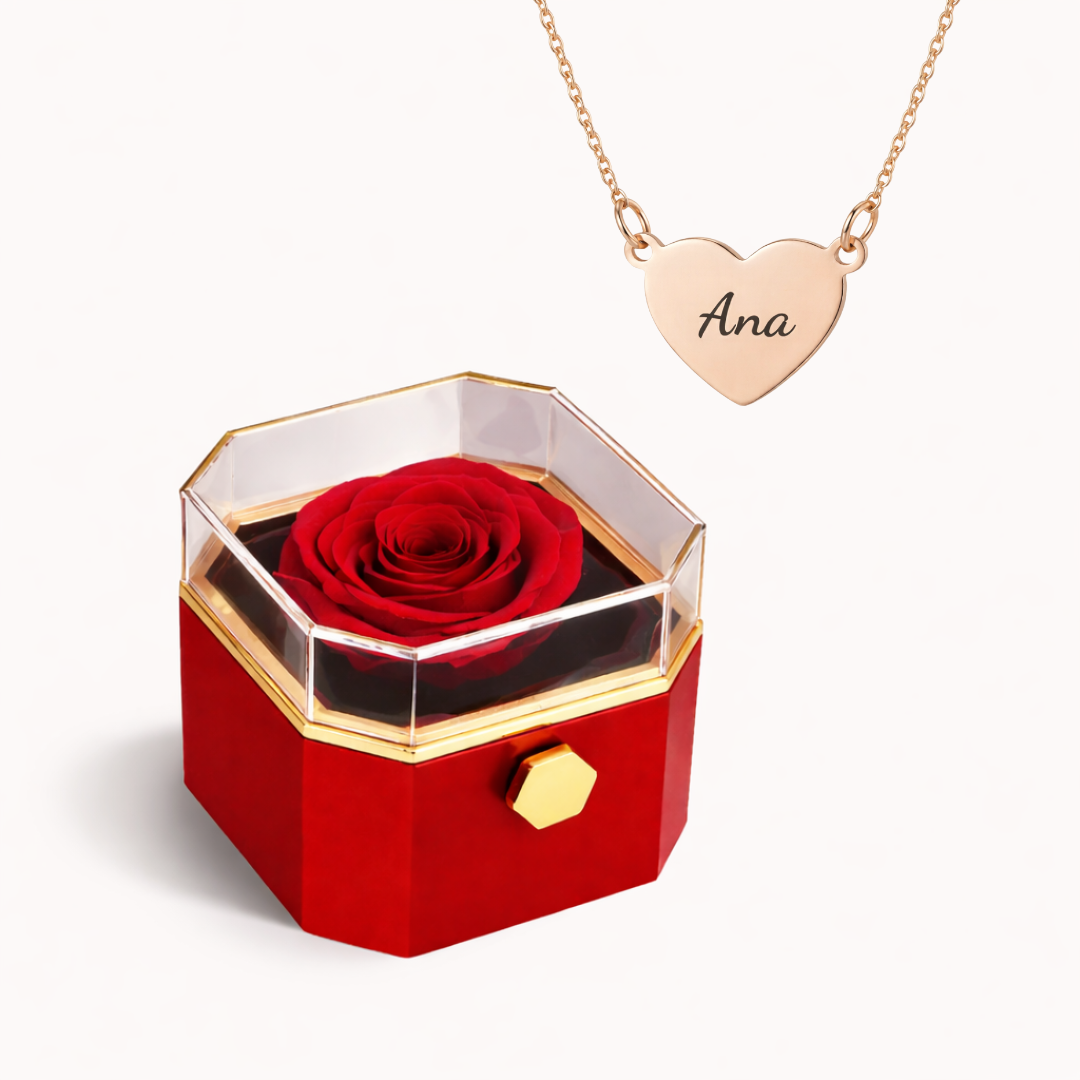 Caixa Rosa Eterna Rotativa + Colar Amor em Cada Nome