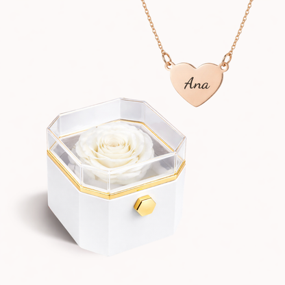 Caixa Rosa Eterna Rotativa + Colar Amor em Cada Nome