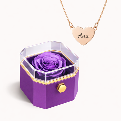 Caixa Rosa Eterna Rotativa + Colar Amor em Cada Nome