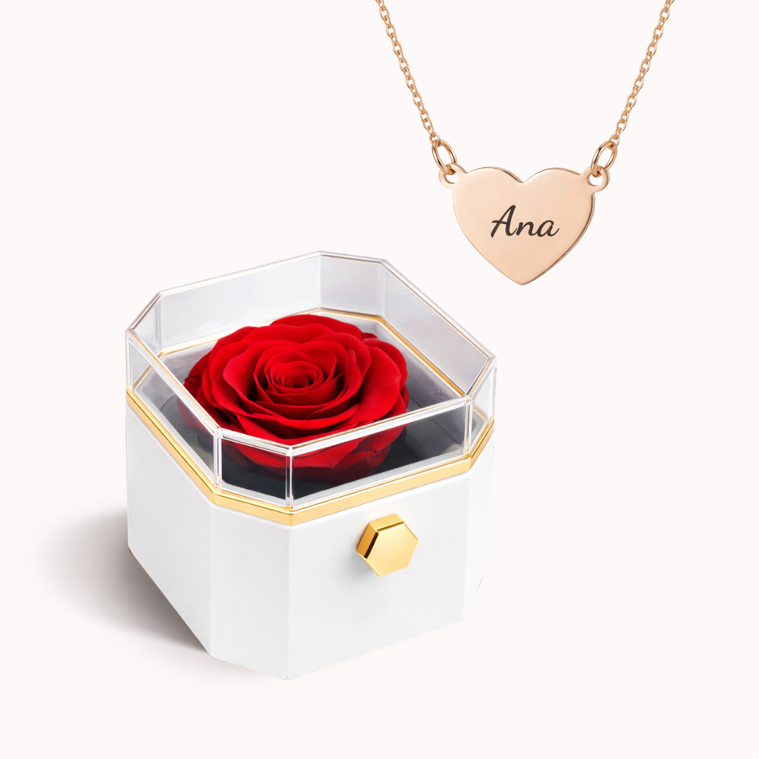 Caixa Rosa Eterna Rotativa + Colar Amor em Cada Nome