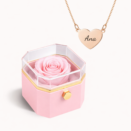 Caixa Rosa Eterna Rotativa + Colar Amor em Cada Nome