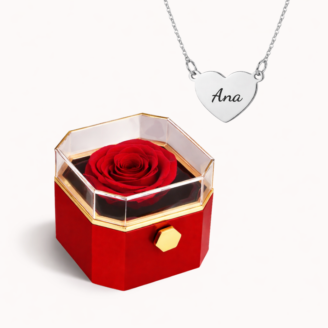 Caixa Rosa Eterna Rotativa + Colar Amor em Cada Nome
