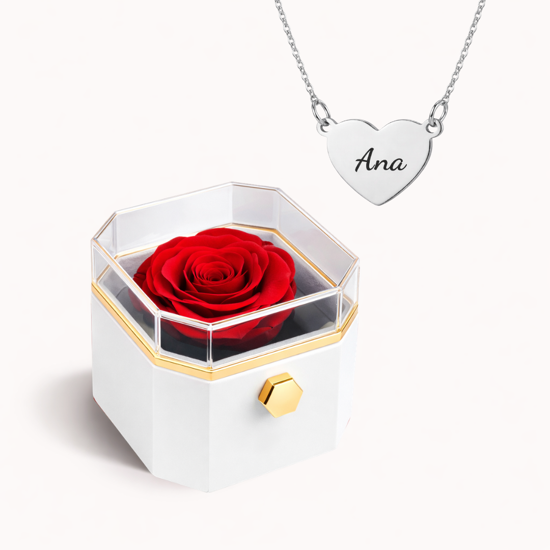 Caixa Rosa Eterna Rotativa + Colar Amor em Cada Nome