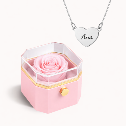 Caixa Rosa Eterna Rotativa + Colar Amor em Cada Nome