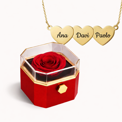 Caixa Rosa Eterna Rotativa + Colar Amor em Cada Nome