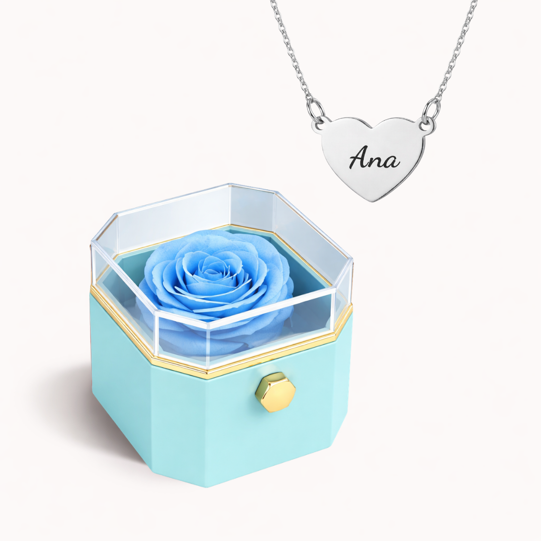 Caixa Rosa Eterna Rotativa + Colar Amor em Cada Nome