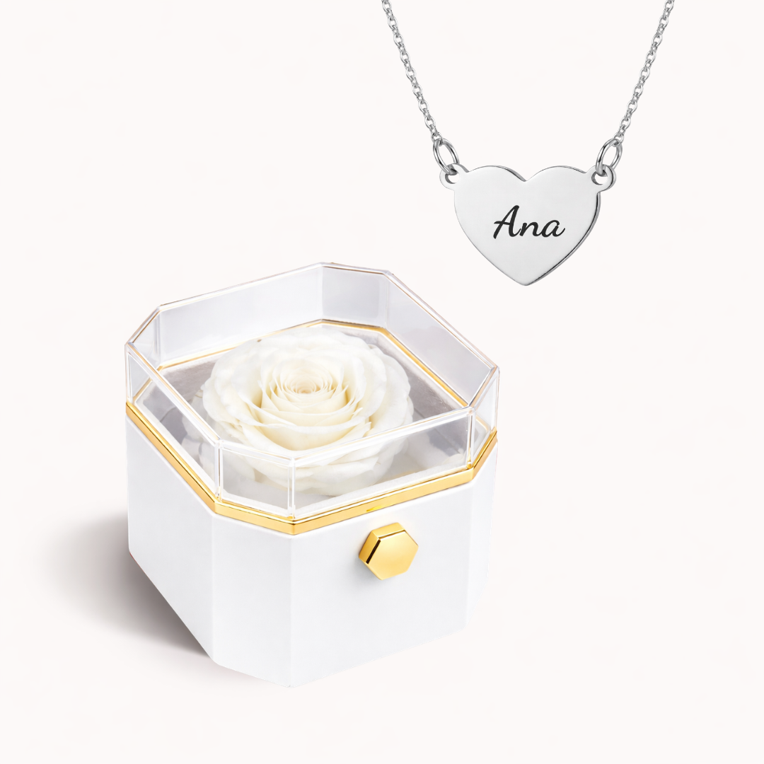 Caixa Rosa Eterna Rotativa + Colar Amor em Cada Nome