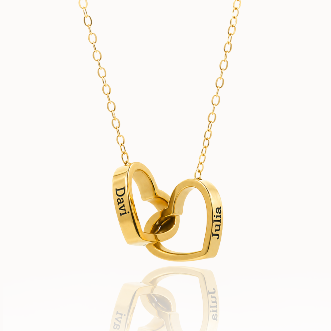 Caixa Rosa Eterna Rotativa & Colar Dois Corações Personalizado