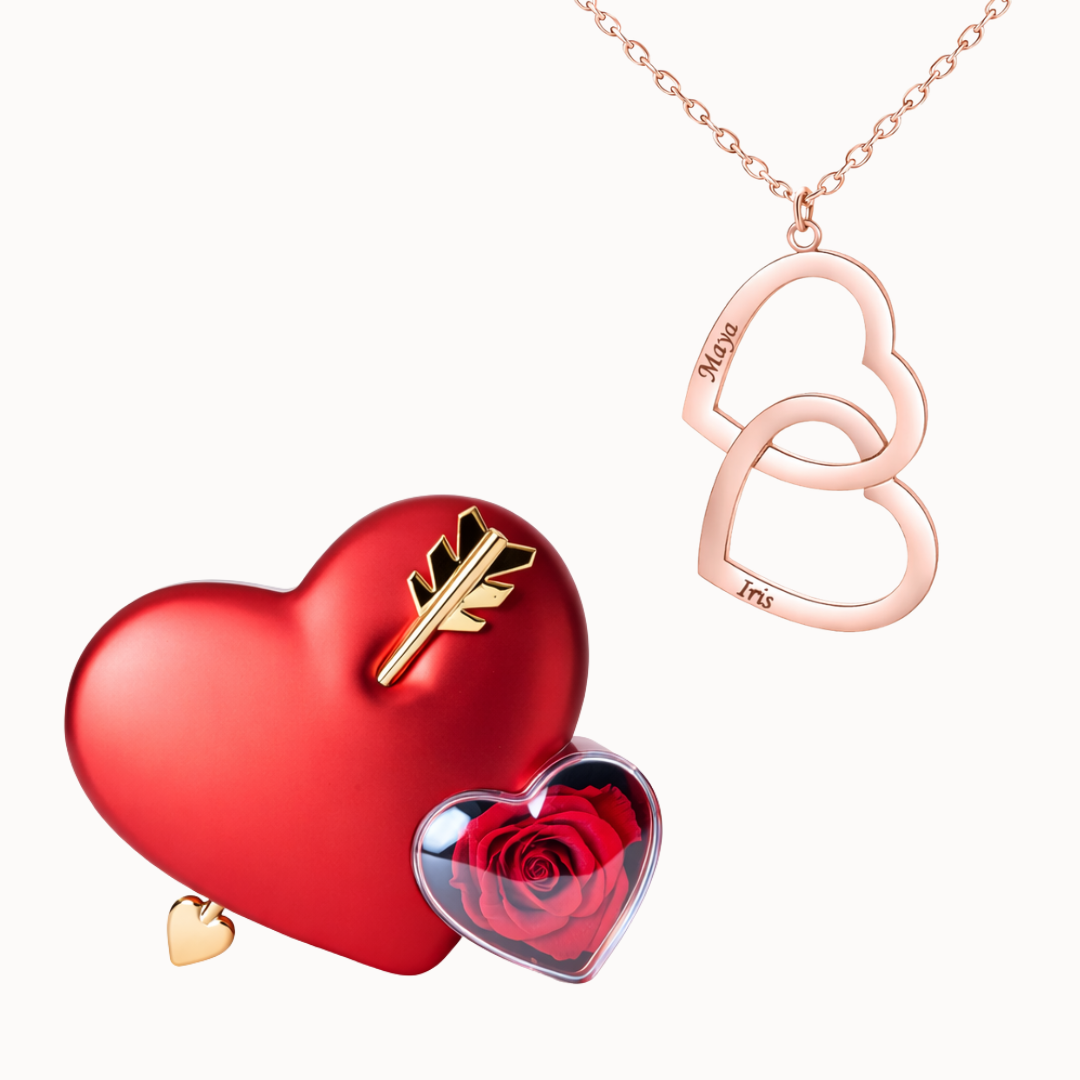Caixa Cupido com Colar Duplo Coração Personalizado