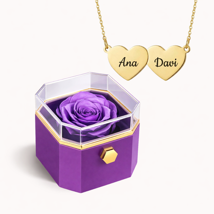 Caixa Rosa Eterna Rotativa + Colar Amor em Cada Nome