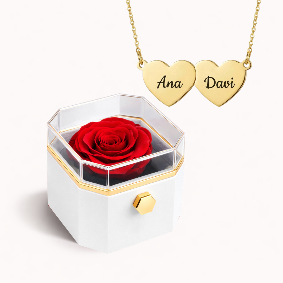 Caixa Rosa Eterna Rotativa + Colar Amor em Cada Nome