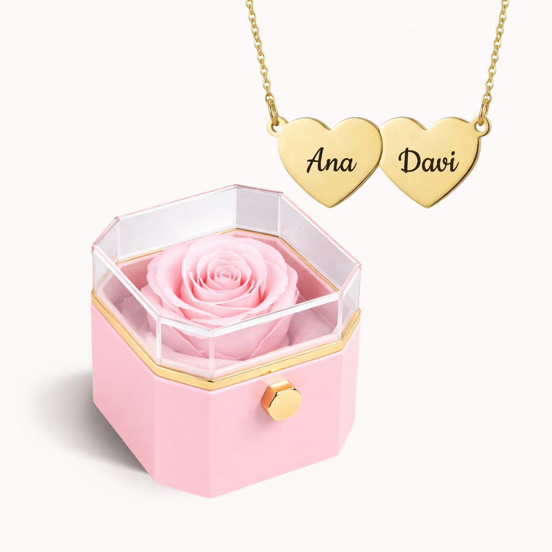 Caixa Rosa Eterna Rotativa + Colar Amor em Cada Nome