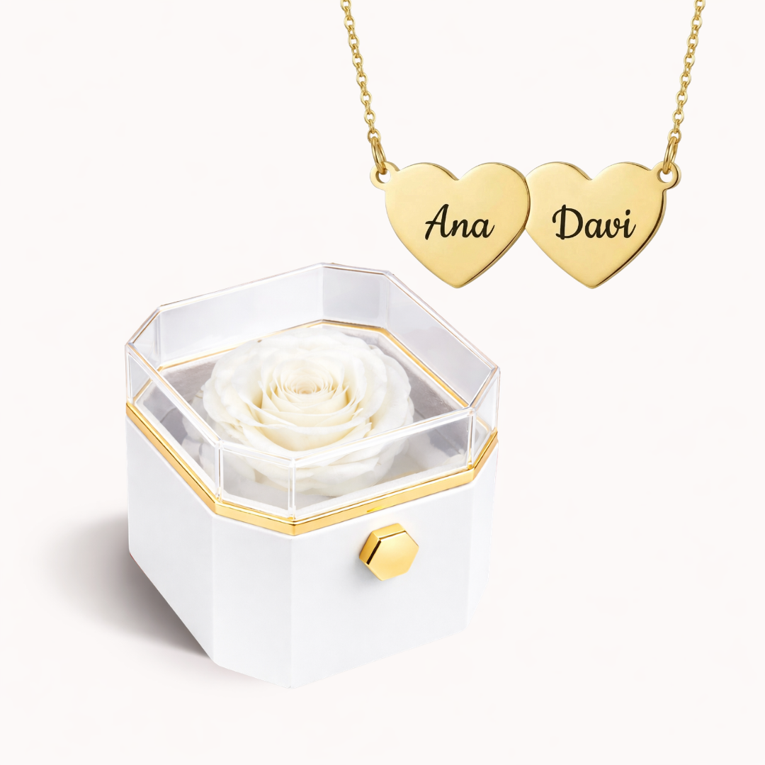 Caixa Rosa Eterna Rotativa + Colar Amor em Cada Nome