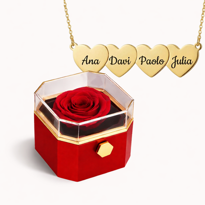 Caixa Rosa Eterna Rotativa + Colar Amor em Cada Nome