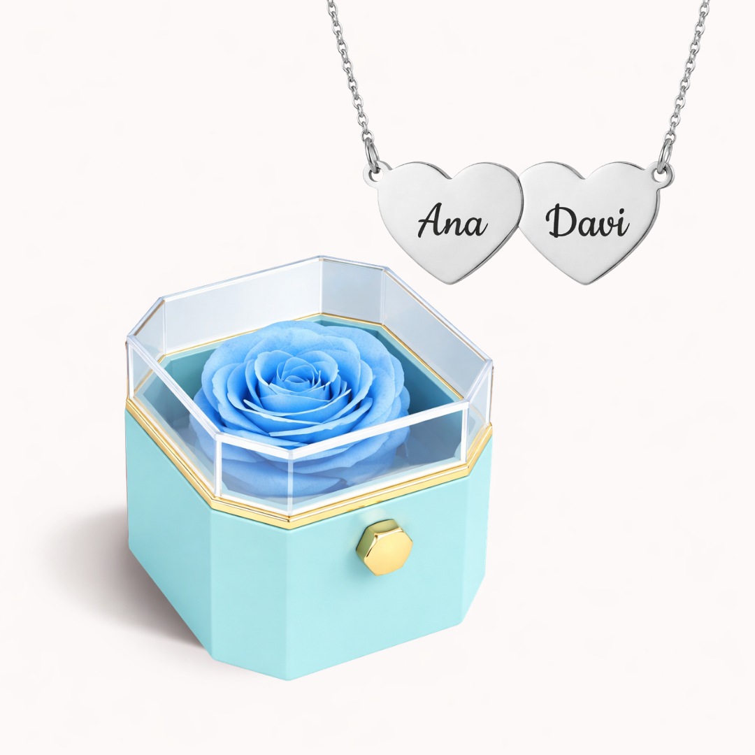 Caixa Rosa Eterna Rotativa + Colar Amor em Cada Nome