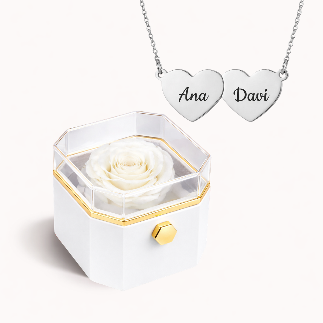 Caixa Rosa Eterna Rotativa + Colar Amor em Cada Nome