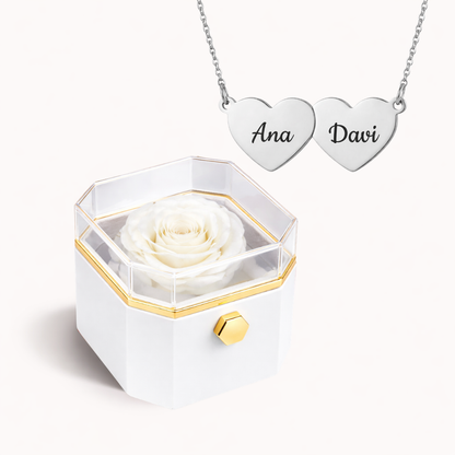 Caixa Rosa Eterna Rotativa + Colar Amor em Cada Nome