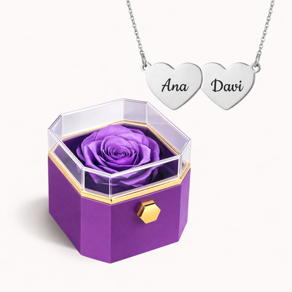 Caixa Rosa Eterna Rotativa + Colar Amor em Cada Nome