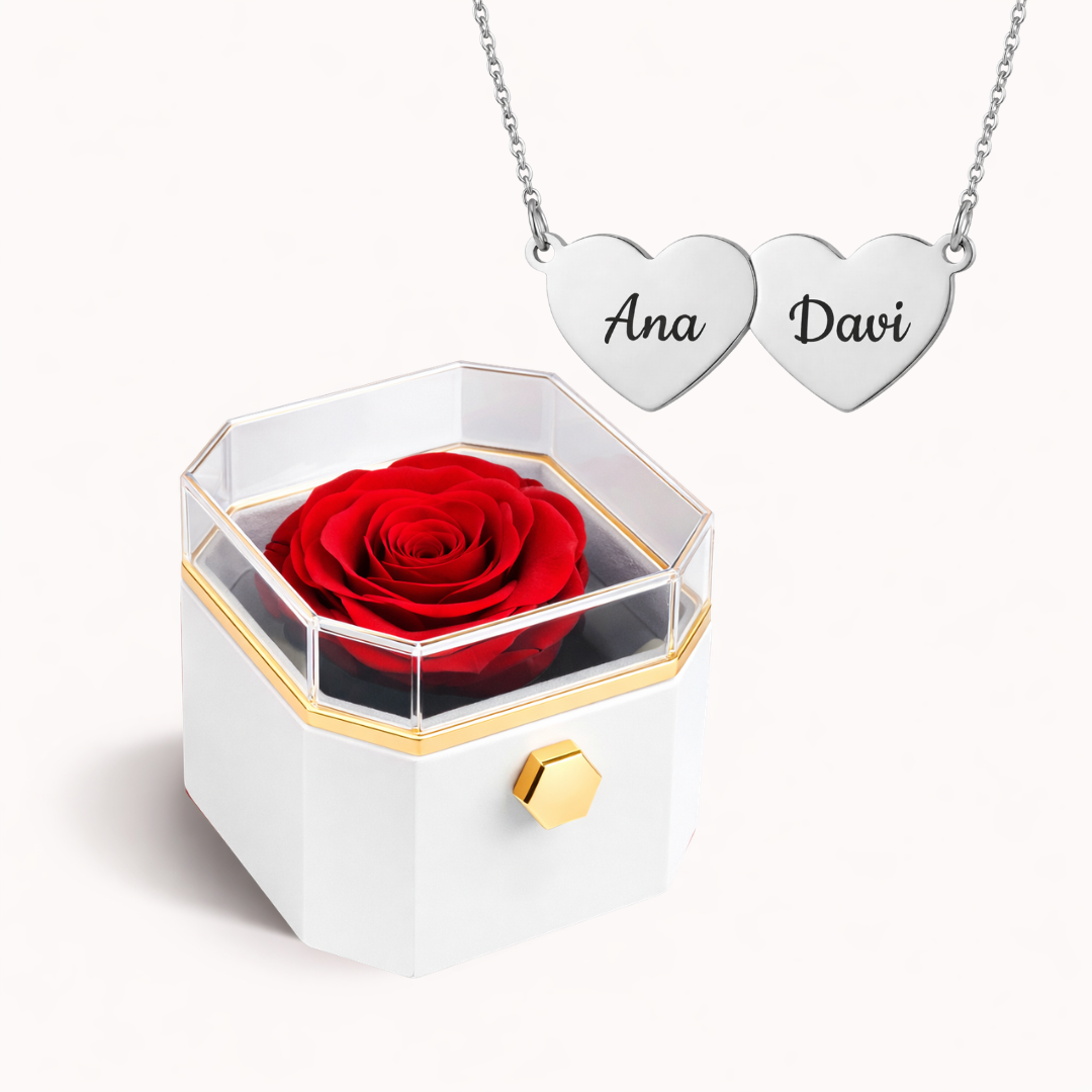 Caixa Rosa Eterna Rotativa + Colar Amor em Cada Nome