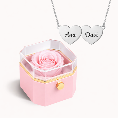 Caixa Rosa Eterna Rotativa + Colar Amor em Cada Nome
