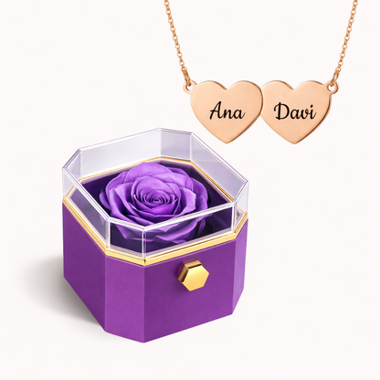 Caixa Rosa Eterna Rotativa + Colar Amor em Cada Nome