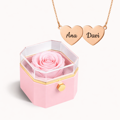 Caixa Rosa Eterna Rotativa + Colar Amor em Cada Nome