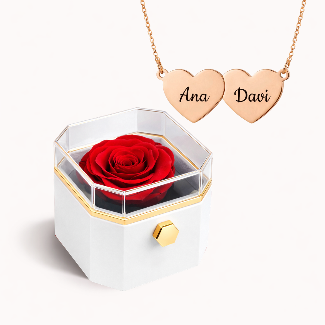 Caixa Rosa Eterna Rotativa + Colar Amor em Cada Nome