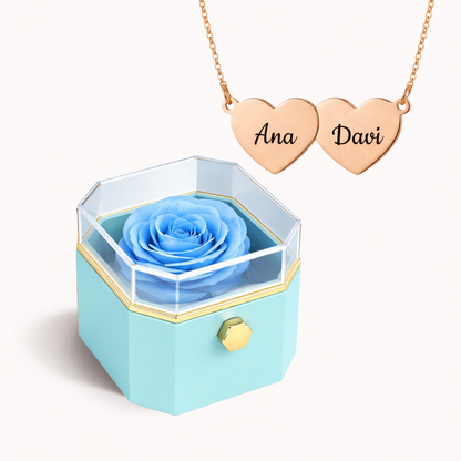 Caixa Rosa Eterna Rotativa + Colar Amor em Cada Nome