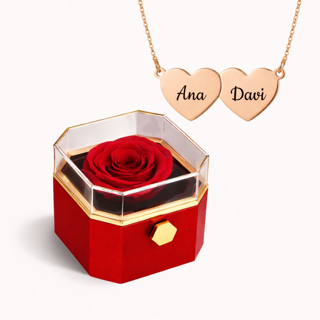 Caixa Rosa Eterna Rotativa + Colar Amor em Cada Nome