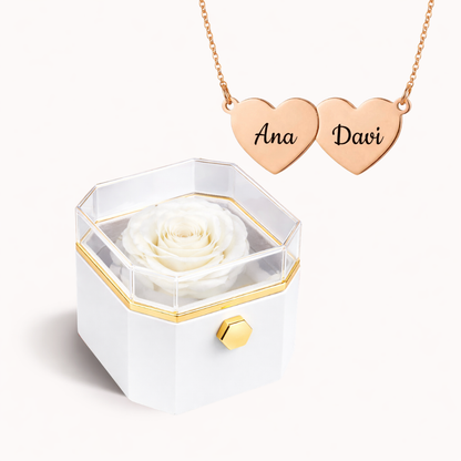 Caixa Rosa Eterna Rotativa + Colar Amor em Cada Nome