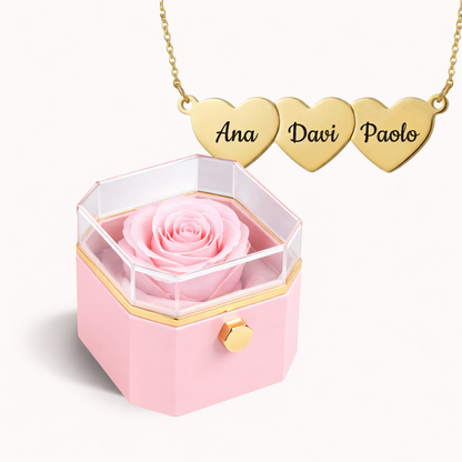 Caixa Rosa Eterna Rotativa + Colar Amor em Cada Nome
