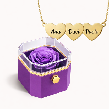 Caixa Rosa Eterna Rotativa + Colar Amor em Cada Nome